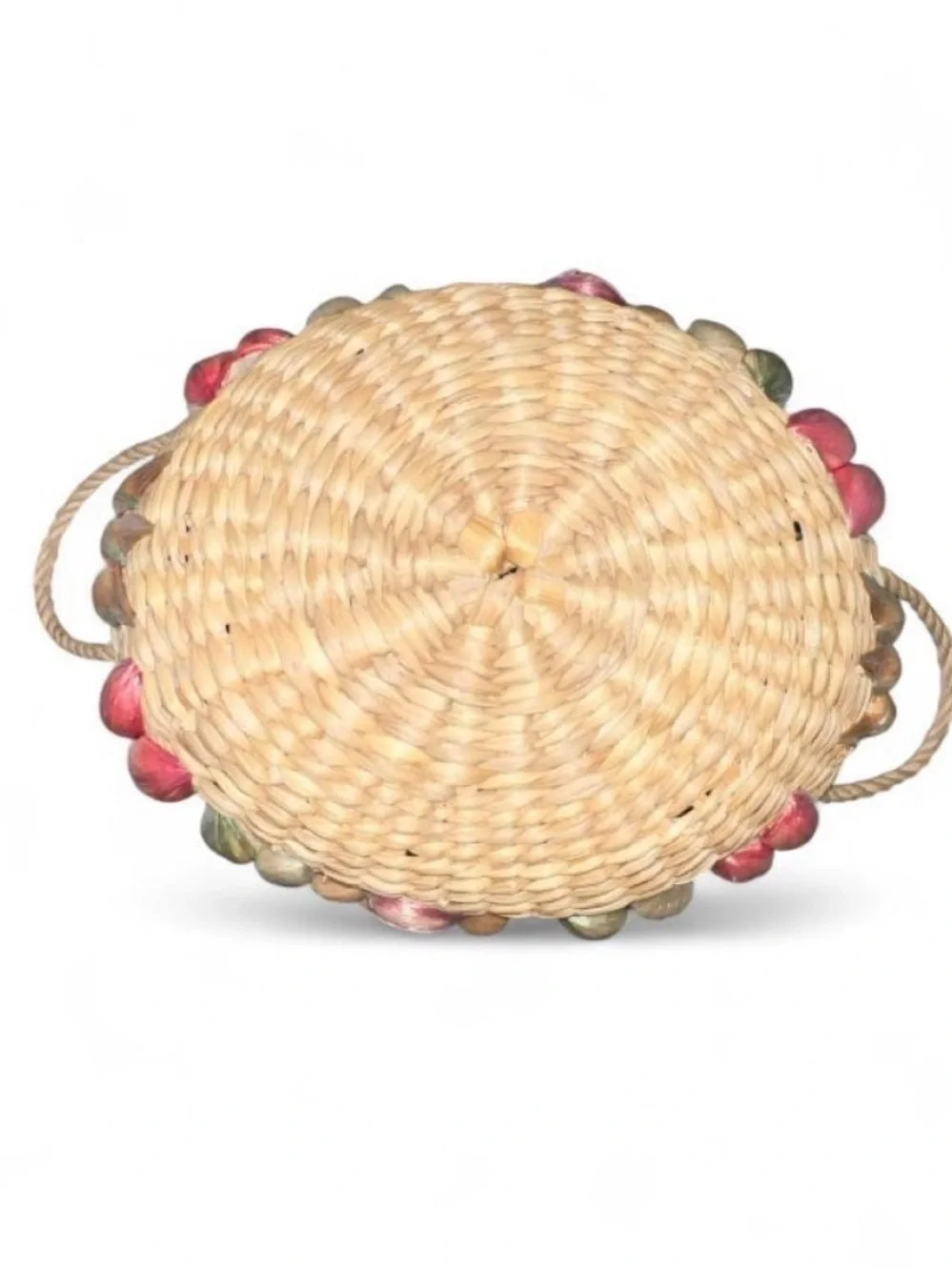 Vintage 70s Handwoven Straw Raffia Flower Accent Basket